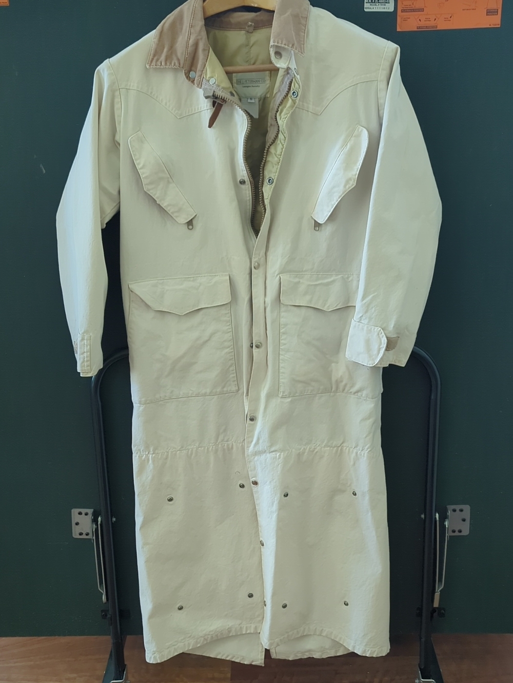 J. Peterman Cream Long Military Field Coat, Duster, with Tan Collar